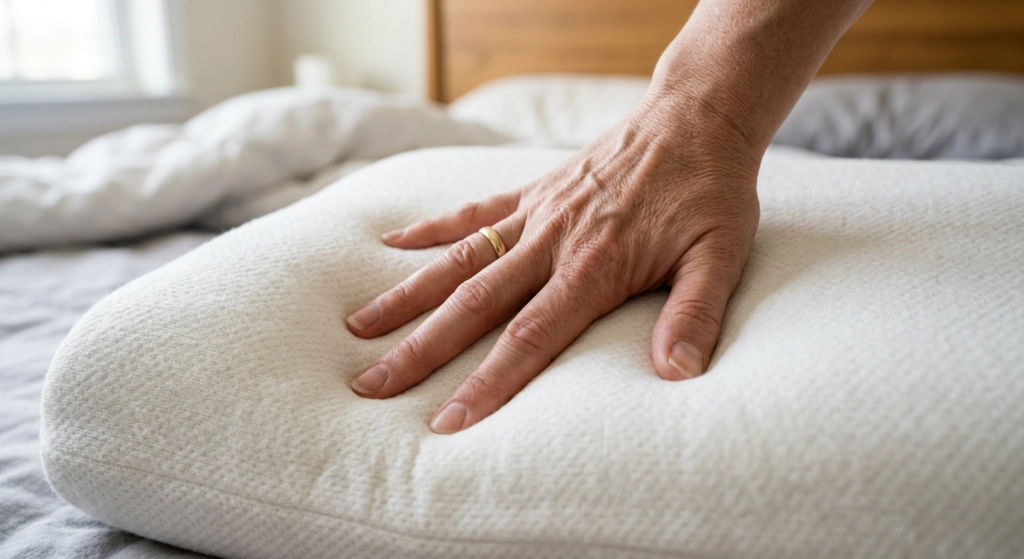 Firefly Gemini Flash create an realistic image of hand touching memory foam pillow closeup 590585